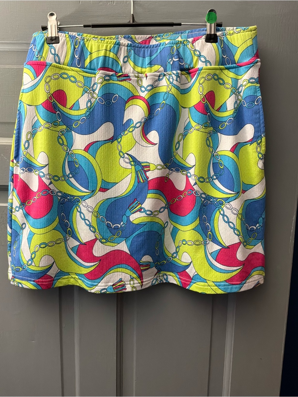Vibrant Multicolor Chain-Print Mini Skirt - Blue, Lime & Pink